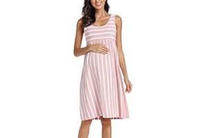 Ecavus Womens Maternity Tank Dress Stripe Color Block Sleeveless Knee Length for Baby Shower