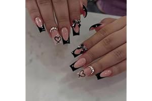 CTTHNBD Medium Press on Nails Coffin - Black French Tip Fake Nails with Bow Charms Design - Heart False Nails Press ons - for Women 24 Pcs