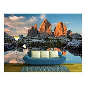 DREI Zinnen or TRE Cime Di Lavaredo with Reflection in Lake at Sundown - Removable Wall Mural | Self-Adhesive Large Wallpaper - 66x96 inches