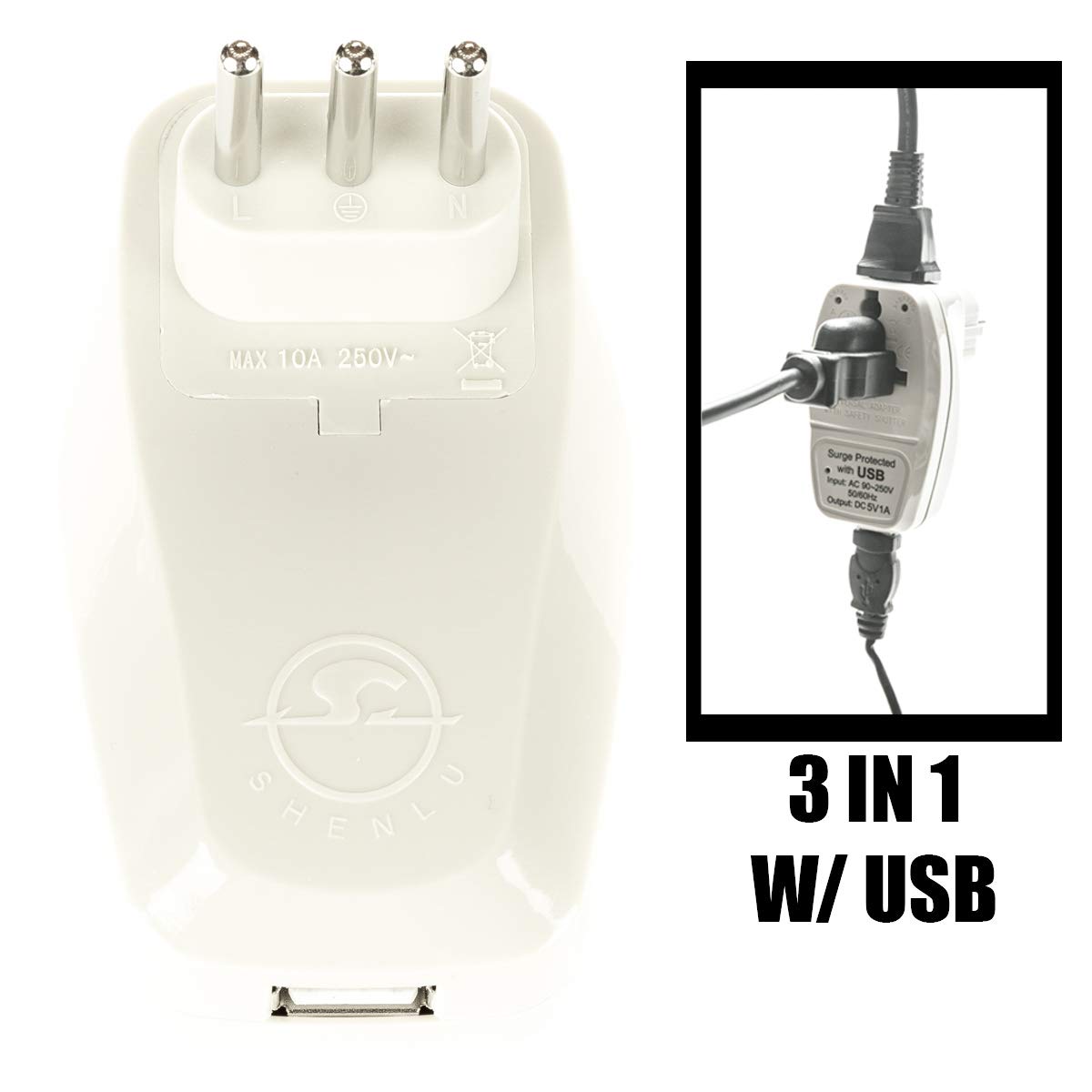 OREI 3 in 1 Italy Travel Adapter Plug with USB and Surge Protection - Grounded Type L - Italy & More - CE Certified - RoHS Compliant WPU-L-GN