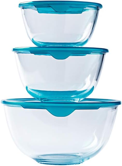 Pyrex Prep & Store Set of 3 Glass Bowls with Lids 0.5L 1L 2L BPA Free