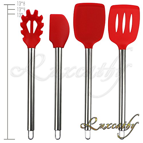 Luxcathy 304 Stainless Steel and Silicone Kitchen Utensil Set , 10-Pieces with Spoon, Spatula Tools, Pasta Server, Ladle, Strainer for Pots and Pans Non-Stick Heat Resistant Silicone (Red)