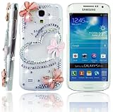 FiMeney Handmade Crystal Diamond Rhinestones Pink Love Heart Bow Bowknot Butterfly Transparent Back Hard Protective Case Cover For Samsung I9190 I9192 I9195 Galaxy MINI S4 (NOT FOR S4) + Cleaning Cloth + 2013 Calendar Card + Pink Stylus Pen + Pink Butterfly And Sakura Dust Plug