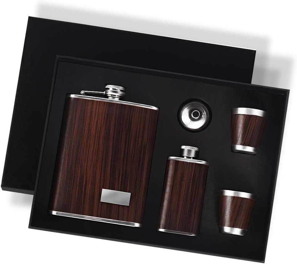KWANITHINK Hip Flask Gift Set, Stainless Steel Flask for Liquor 9oz + 2oz small flask with 2 Cups & Funnel, Ideal Liquor Flask Drinking Flask Gift for Father's Day