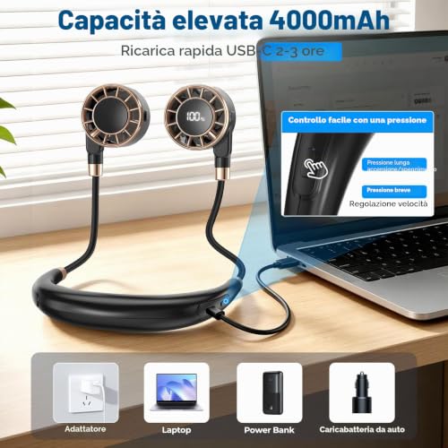 Neck Fan, 4 Ah Mini Portable Fan, 6 Speeds Silent Neck Fan, LCD Display Portable USB Rechargeable Fan, Desk Fan Office Bedside Walking