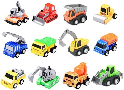ISusser 12 Pcs Plastic Mini Push Pull Back Car Model Kit Set - Play Vehicle Construction Excavator Dump Truck Playset Preschool Learning for Children Toddlers Kids Birthday Gift