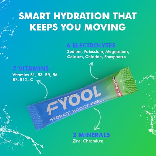 Fyool Hydration Electrolyte Powder | Electrolytes + Vitamins & Minerals | Zero Sugar & Calories | Energy Boost | Gluten-Free | Travel Essentials | Watermelon Flavour | 30 Stick Packs