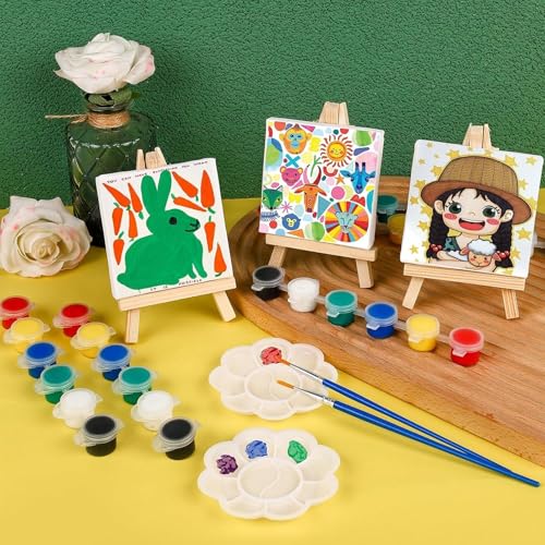 60 Pieces Mini Canvas Art Easel 12 Small Triangular Artist Easels with 12 Canvases, 12 Brushes and 12 Paint Palettes and 12 Watercolor for Fans and Artists
