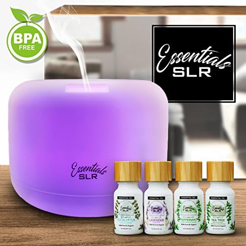 SLR 500ml Aromatherapy Essential Oil Large Diffuser BPA Free w/ The Fundamentals 4 Pack USDA Certified Organic Oils [Lavender, Tea Tree, Peppermint, &amp; Eucalyptus]