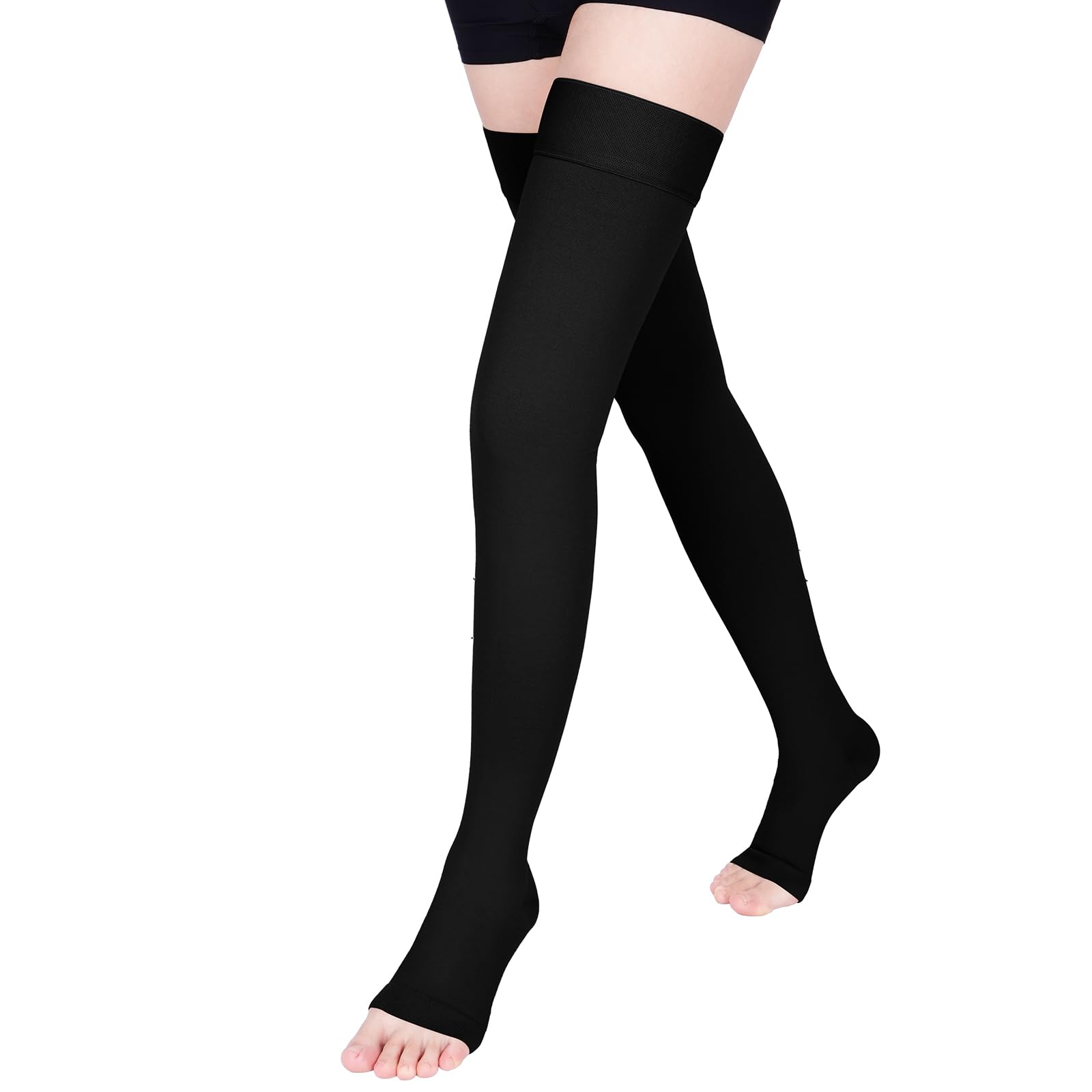 Photo 1 of Wegitcs Compression Stockings for Women & Men, 15-20 mmHg Thigh High Compression socks, Medical Graduated Compression Support for Edema, Varicose Veins, Swelling, Open Toe, Black,M