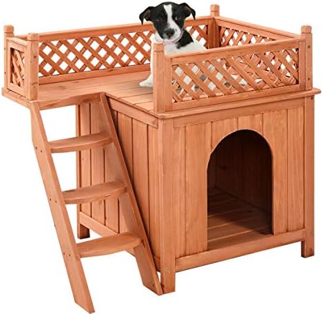 United Family Shop Wooden Dog House – with Stairs Pet Balcony Roof – Puppy Bed Room - Indoor & Outdoor Shelter – for Animal - Gift Yoga E-Book