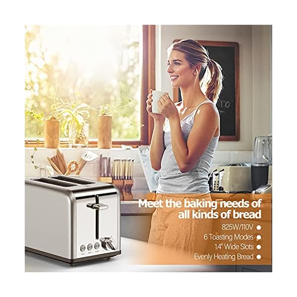Toaster 2 Slice Wide Slots 815 W, Polished Stainless Steel Housing, 6 Browning Settings, High Lift Feature, Defrost Cancel and Reheat Functions, Slide Out Crumb Tray