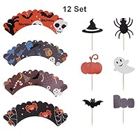 Halloween Cupcake Decoration Set, Messar 12 Pcs Halloween Style Cupcake Wrappers and 12 Pcs Halloween Party Cupcake Toppers Picks Mini Pumpkin Spider Ghost Hat Bat Boo Pattern (Style A)