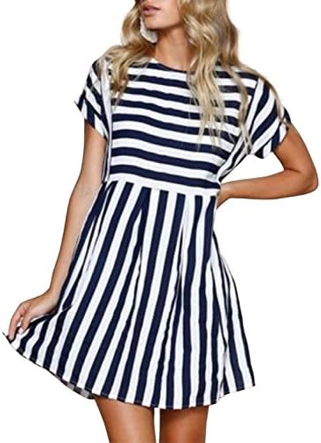 STKAT Women's Crew Neck Short Sleeve Striped Pleated Loose Swing Casual T-Shirt Dress,Small,Navy