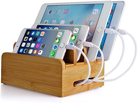 Bamboo Charging Station, Upow 4-Port USB Multi-device Cords organizer and Smart IC Tech Fast Charge for iPhones, iPad, Smasung Galaxy, Nexus and More Phones and Tablets (Bamboo)