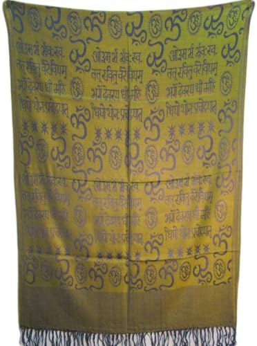 Om Gayartri Mantra Meditation Yoga Prayer Embossed Shawl (Olive Green & Blue)
