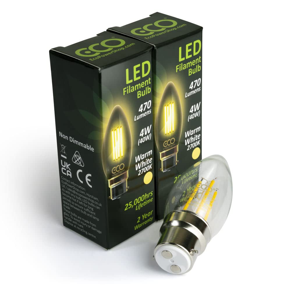ECO 40W Equivalent Energy Saving LED Candle Light Bulb, Low Power 4W Vintage Style LED Filaments, 400 Lumen, Clear Glass, Warm White (2700K), B22 Large Bayonet Fitting, 25000Hrs Lifetime. (2xPACK)