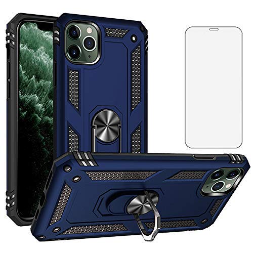Phone Case for iPhone 11 Pro Max 2019 6.5 inch with Tempered Glass Screen Protector Cover and Magnetic Stand Ring Holder Shockproof Heavy Duty Accessories iPh 11pro iPhone11promax XI Plus Blue