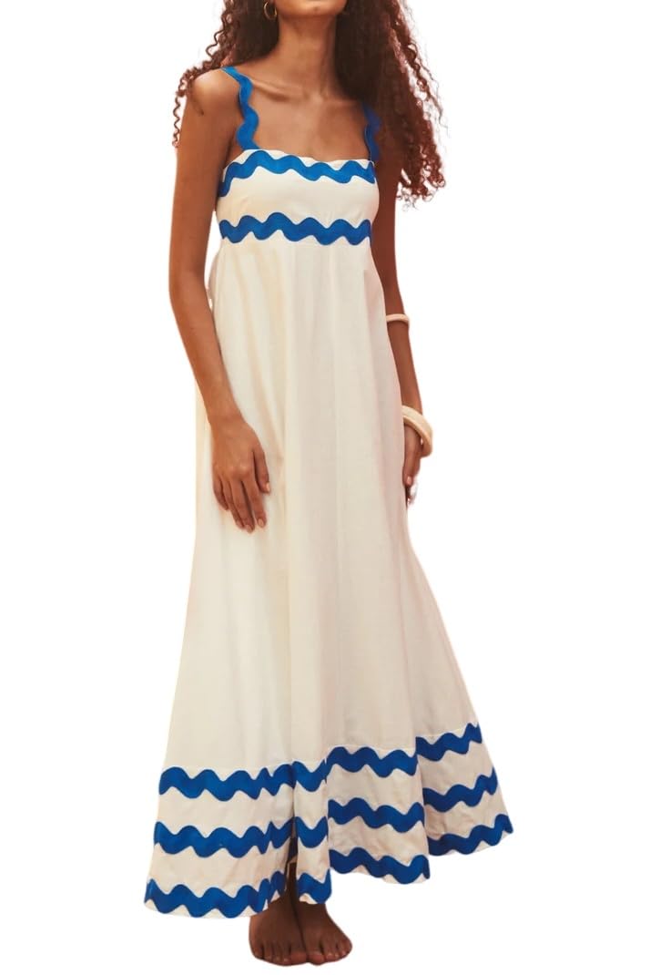 Photo 1 of 19Kenna Women's Sunday Sleeveless Shirred Back Maxi RIC Rac Summer Flowy Sun Dress White L