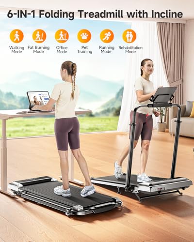 TOPUTURE Foldable Walking Pad with 12% Incline, Folding Under Desk Treadmill for Home/Office 6 in 1, Adjustable Portable Compact Treadmill with Remote Control, 300lbs Capacity, APP & LED Display