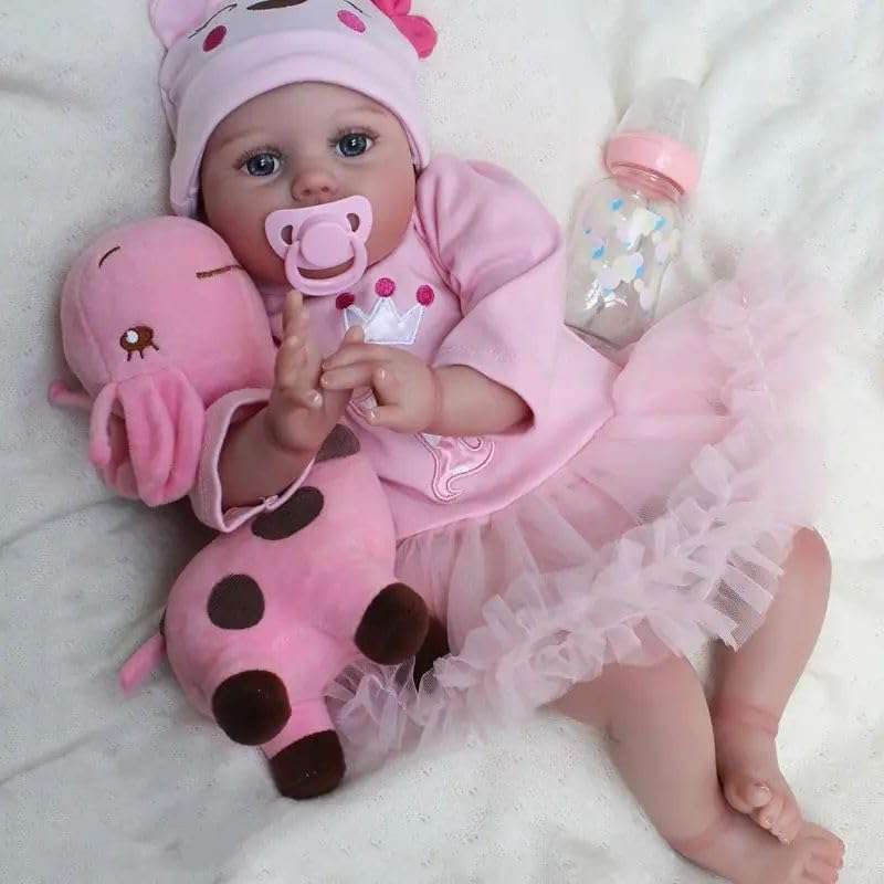 WEQNT Reborn Baby Doll Girl 55cm Realistic Lifelike Newborn with Soft Vinyl Silicone, Pink Dress with Tulle Skirt, Giraffe Plush Toy, Bottle and Dummy