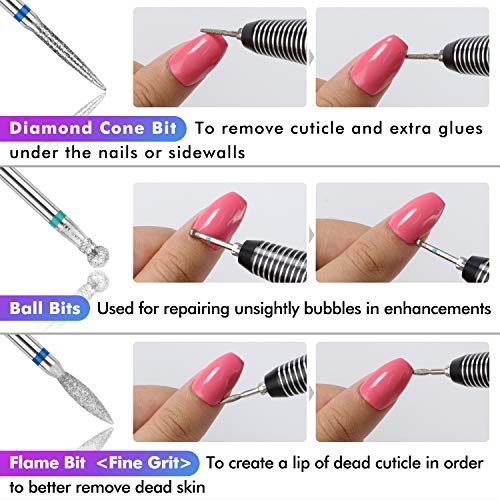 Diamond Nail Drill Bits Set - Ejiubas 7PCS Carbide Drill Bits Tungsten Acrylic Nail File Bits Cuticle Drill Bit 3/32 Inch Efile Nail Bit Fine Grit for Acrylic Gel Nails Cuticle Manicure Pedicure