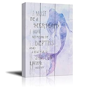 Purple Watercolor Mermaid with Quote - I Must Be a Mermaid I Have No Fear of Depths and a Great Fear of Shallow Living - Canvas Art Home Art - 12x18 inches