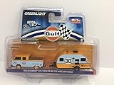NEW 1:64 GREENLIGHT HITCH & TOW CLUB V-DUB COLLECTION - BLUE ORANGE 1968 VOLKSWAGEN TYPE 2 CREW CAB & 2016 WINNIE DROP TRAILER - GULF Diecast Model Car By Greenlight