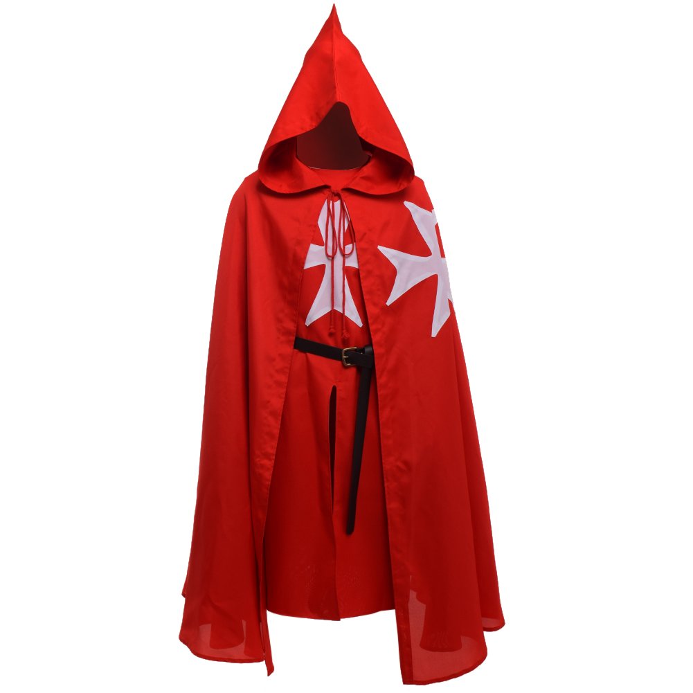 BLESSUME Medieval Templar Knights Costume Tunic with Cloak and Belt (Red 1)(Size: One Size)