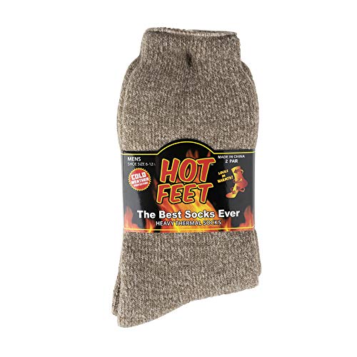 Hot Feet Thermal Crew Socks, Men's Sock Size 6 - 12.5 (Oatmeal / Brown)(2 - Pack)