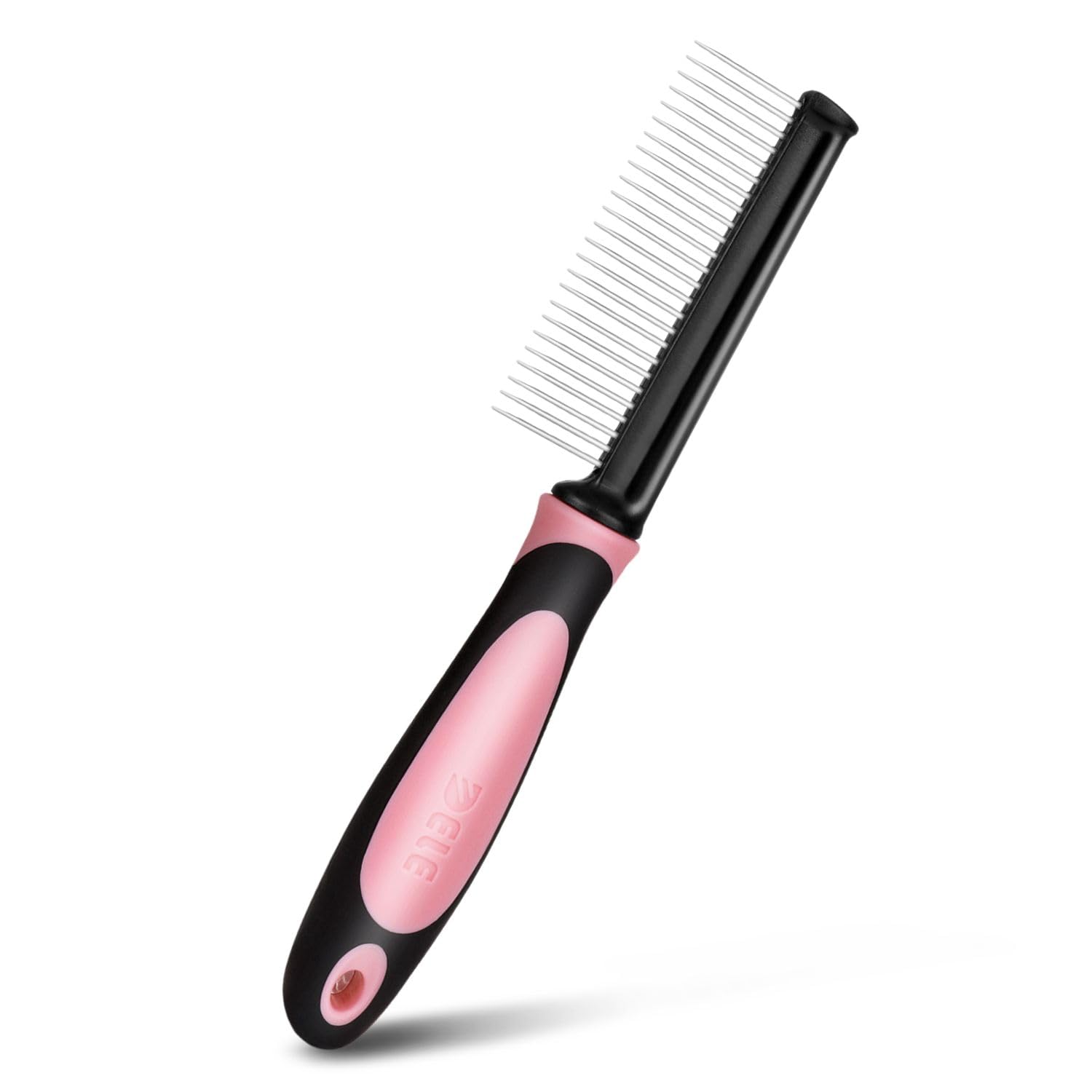 Flexzion Metal Pet Comb for Cats & Dogs - Sturdy Stainless Steel Rounded Teeth with Non-Slip Soft Grip Handle Easy to Use Grooming Detangling Cat Combs for Indoor Cats, Pink