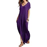 Match Women's V-Neck Casual Loose Short Sleeve Long T-Shirt Dress Split Maxi Dress with Side Pocket
