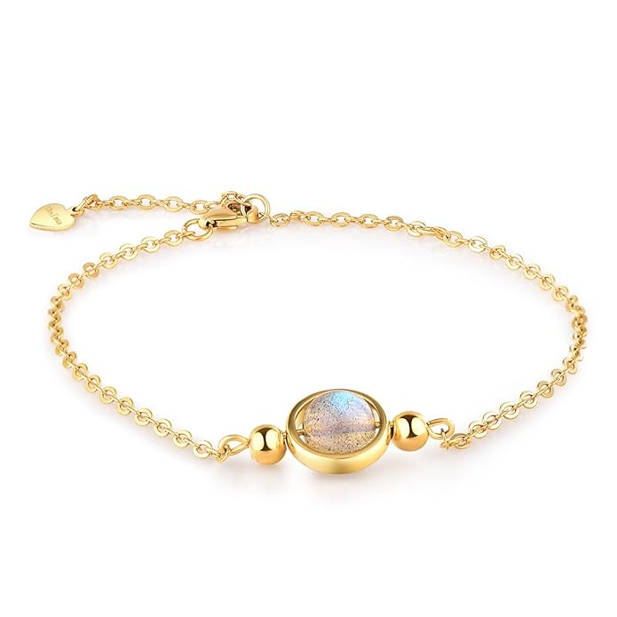 Dalwa 925 Silber Armband Damen - 14 Karat 585 Gold Plattierte Armkette aus Silber/Naturstein Labradorit Amazonit - Charm, Ide