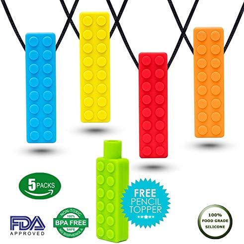Sensory Chew Necklace Set (5 Pack with Extra Cord and Clasp + Pencil Topper) - Food Grade Silicone Chewy for ADHD, Teething, Autism, Biting, Chew Toy for Boys and Girls