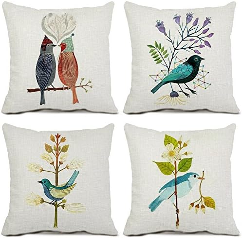 Set of 4 Bird Decorative Throw Pillow Cover Cotton Linen Painting Animal Pillow Case for Bed Sofa Couch Decor 20x20 Inch
