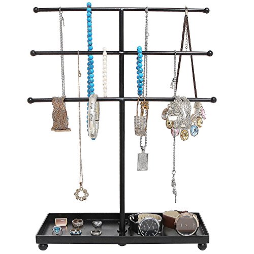 Smarthome Modern Black Metal 3 Tier Tabletop Bracelet & Necklace Jewelry Organizer Display Tree Rack w/Ring Tray