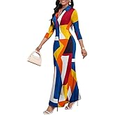 MarryUP Maxi Dresses for Women Casual V Neck 3/4 Sleeve Bodycon Long Party Holiday Dress Semi Formal Outfits