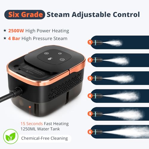 2500W Handheld Steam Cleaner – 4-Bar High Pressure, 15-Second Instant Heat-Up, 105°C Sterilizing Steam, 1250ml Large Tank, 6-Speed Adjustable with 10 Accessories for Kitchen, Bathroom, Car & Tile
