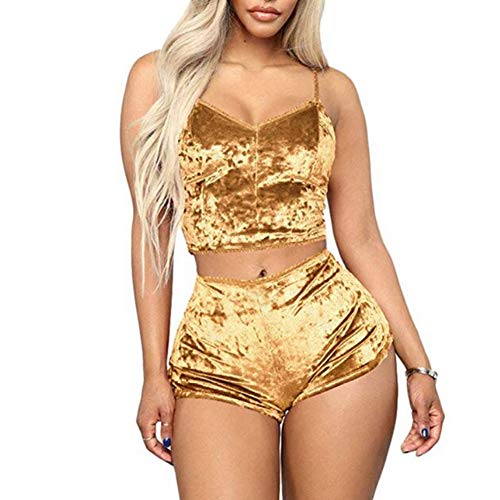 RUEWEY Women Sexy Strappy Babydoll Lingerie Satin Pajama Set Camisole with Shorts 2 Piece Sleepwear (S, Gold) at Amazon