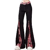 kakarin choyx Gothic Fashion Womens Jeans Y2K Casual High Waist Straight Star Plaid Spliced Zipper Leg Flared Denim Pants