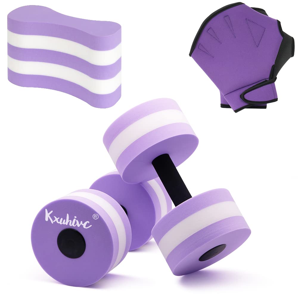 Photo 1 of Aquatic Fitness Set, Water Dumbbells, Pull Buoy Leg Float EVA 5-Layer, Water Aerobics Workouts, 2PCS Foam Barbells Pool Resistance Gloves Swimming Beginners Sports Exercise (Purple Fitness Set)