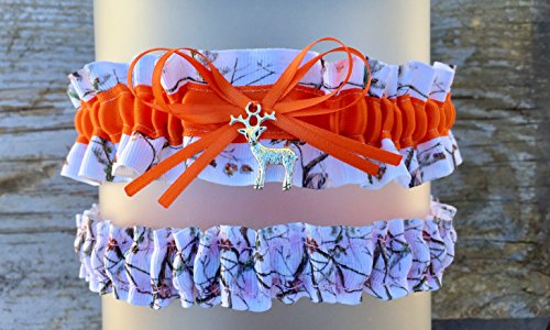 Sexy Camouflage White AP Orange Satin Keepsake Toss Garter Set - Deer Charm