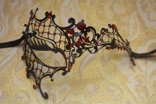 Black Metal Laser Cut Venetian Phantom Mask Masquerade w/ Red Rhinestones