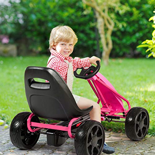 Costzon Pedal Go Kart, Pedal Powered Kids Ride on Car Toy, Children's 4 Wheels Riding Car Crazy Cart w/ Adjustable Seat, Foot Pedal, for Boys & Girls Age 3 to 8 Years Old, Indoor & Outdoor (Pink)