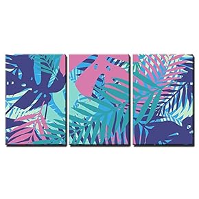 3 Piece Canvas Wall Art - Fashion Tropical Seamless Pattern. Colorful Palm Leaves. - Modern Home Art Stretched and Framed Ready to Hang - 16"x24"x3 Panels