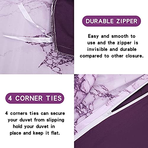 COMSLE Purple Duvet Cover Set 3 Pieces Marble Printed Duvet Cover