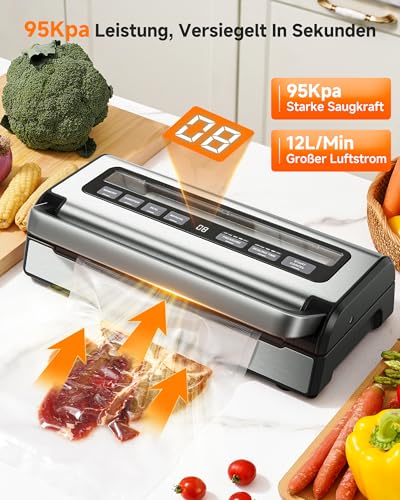 Vacuum Sealer 95 kPa, 9-in-1 Food Vacuum Sealer with Adjustable Time & Pressure Mode, Memory Function, Double Seal, Integrated Cutter & Bag Storage, Includes 2 Rolls & Hose