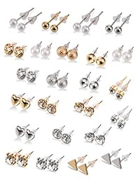 BBTO - Juego de 24 pares de pendientes de perlas de cristal para niñas, mujeres, hombres, plata y oro