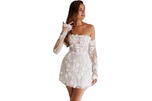 TOHXZCUS Women's Short Wedding Dresses with Detachable Sleeves Flower Lace Appliques Embroidery Tulle Prom Dress Strapless