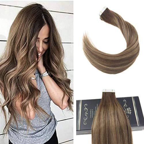 Ugeat 22 Inches Tape in Hair Extensions Human Hair 50Gram Ombre Brown to Blonde with Brown Seamless Tape in Hair Remy Human Hair